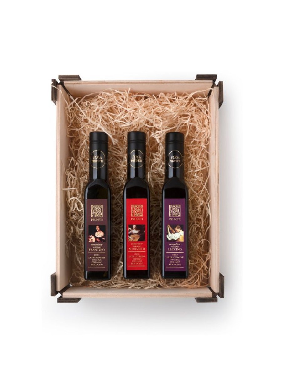 Olive Oil Frantoio Pruneti | Organic Monocultivar Evoo Gift Set In Wooden Crate